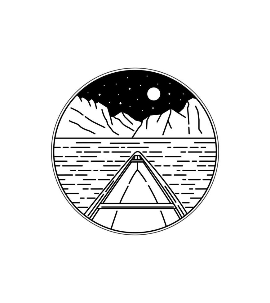 view of canoes and islands at night in line badge patch pin graphic illustration vector art t-shirt design