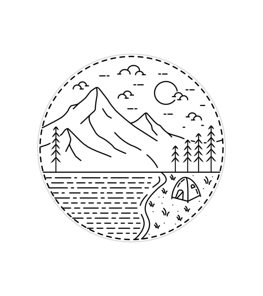 camping by the lake and under the mountains in mono line art ,badge patch pin graphic illustration, vector art t-shirt design