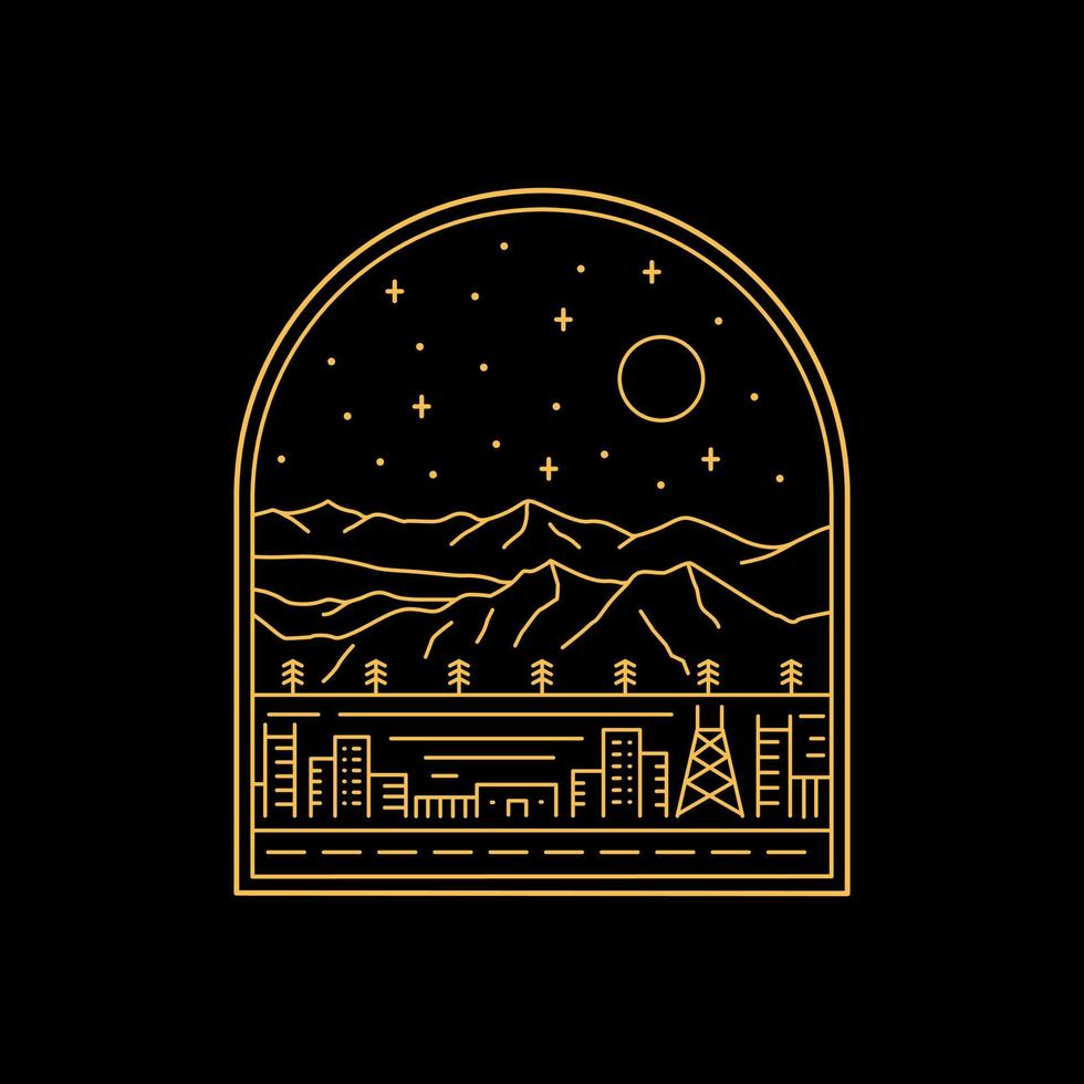 ciudad bajo colina montañas naturaleza estrella cielo en arte de línea mono, para camiseta, pegatina, insignia, etc. vector