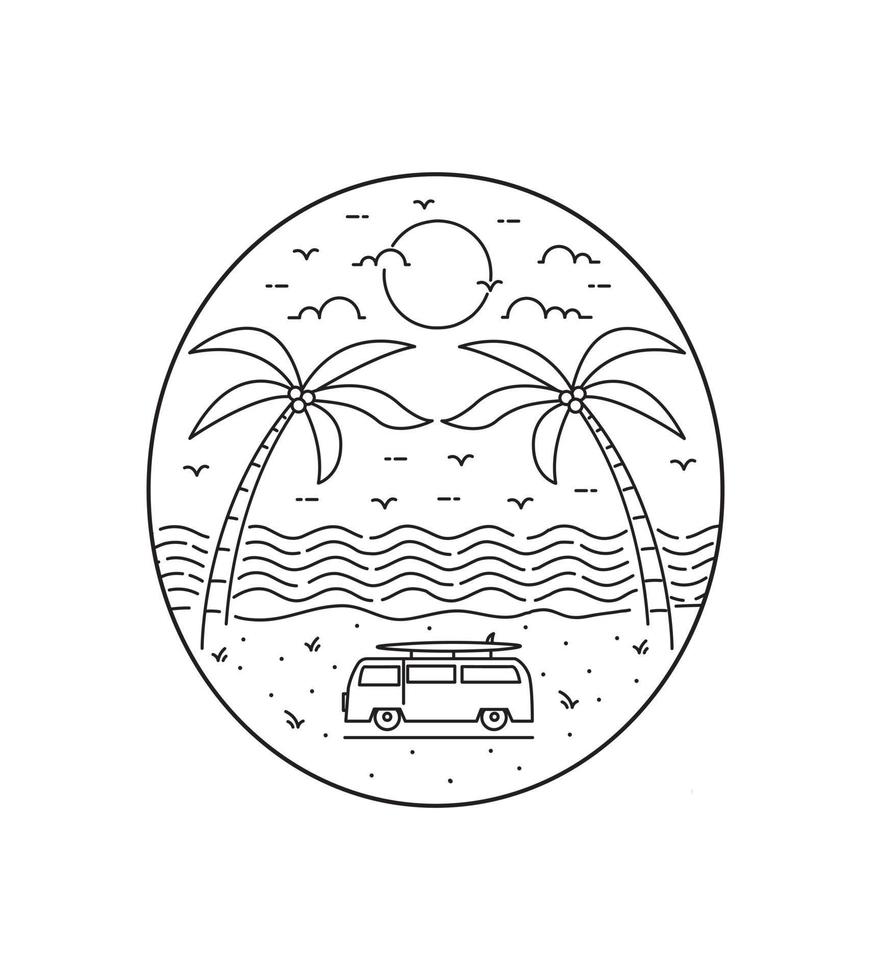 dos cocoteros gemelos en una hermosa playa en arte de línea mono, diseño de placa de parche, diseño de emblema, diseño de camiseta vector