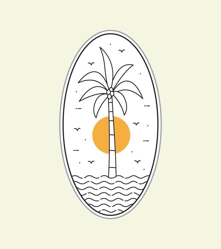 árboles de playa y cocoteros en arte de línea mono, diseño de placa de parche, diseño de emblema, diseño de camiseta vector