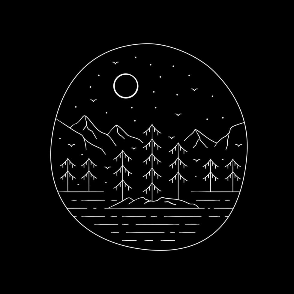 Mountain and trees. Jasper National Park in Mono line art vector