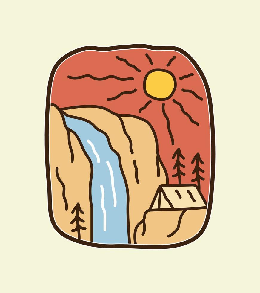 acampar en la cascada del niágara, aventura línea salvaje insignia parche pin emblema ilustración gráfica arte vectorial diseño de camisetas vector