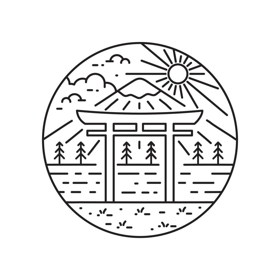 puerta de referencia de japón y monte fuji en arte de línea mono, ilustración gráfica de pin de parche de insignia, diseño de camiseta de arte vectorial vector