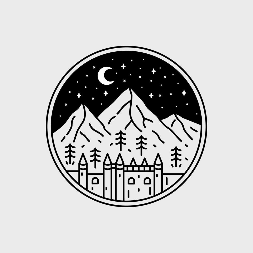 ilustración de un castillo en las montañas por la noche en arte de línea mono, diseño de placa de parche, diseño de emblema, diseño de camiseta vector