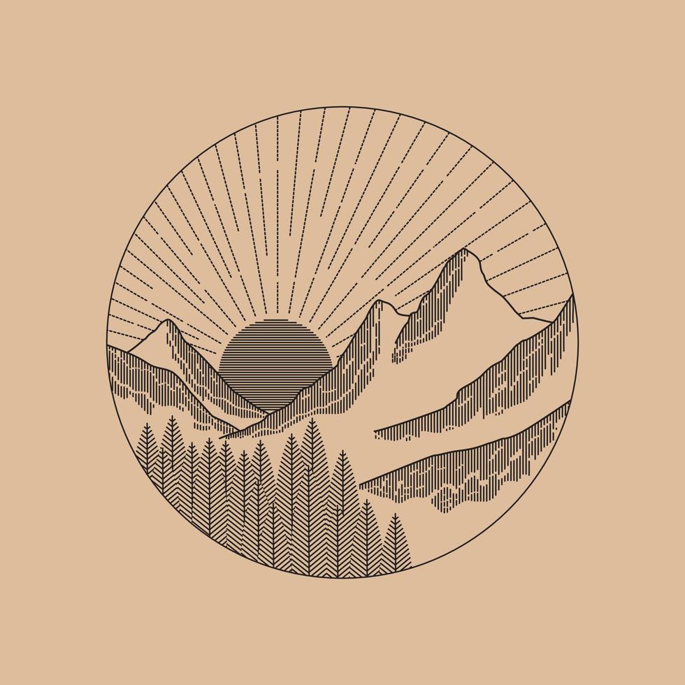 montañas de paisaje de línea mono y pinos en vector de amanecer para parche, pin, gráfico, diseño de camiseta de arte