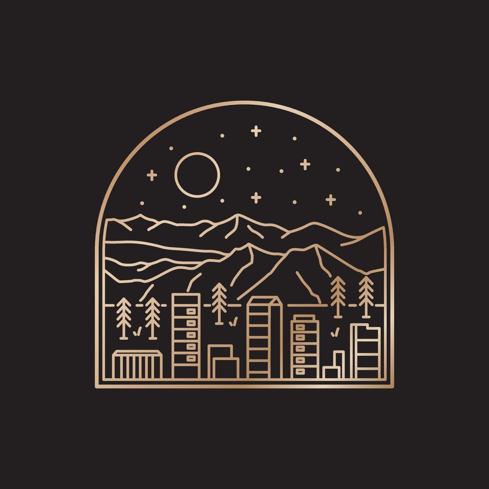 A view of a Colorado city under a mountain in mono line art ,badge patch pin graphic illustration, vector art t-shirt design