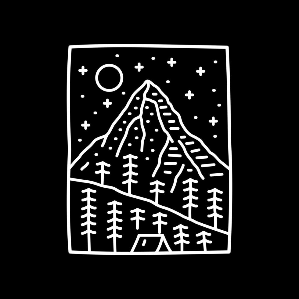 diseño de línea mono de montaña natural y cielo estrellado, vector para parche, pin, gráfico, diseño de camisetas de arte