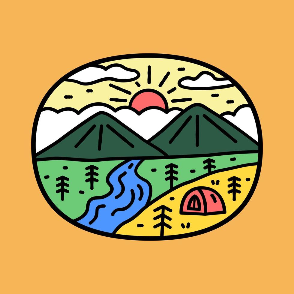 camping and mountains on sunrise sky nature wildlife flat design for badge, sticker, patch, t shirt design, etc vector