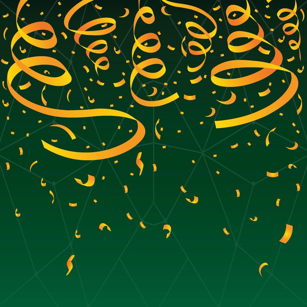 Confetti vector for the carnival background. Golden party ribbon and confetti falling. Golden confetti is isolated on a green background. Festival elements. Birthday party celebration.