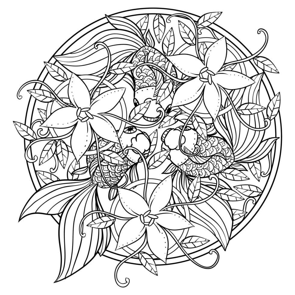Koi carp fish and lotuses.Coloring book antistress for children and adults. Zen-tangle style.Black and white drawing.Hand draw vector