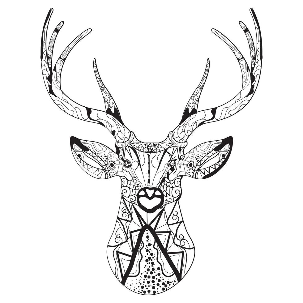 Reindeer head coloring book illustration. Antistress coloring for adults. black and white lines. Print for t-shirts and coloring books. vector