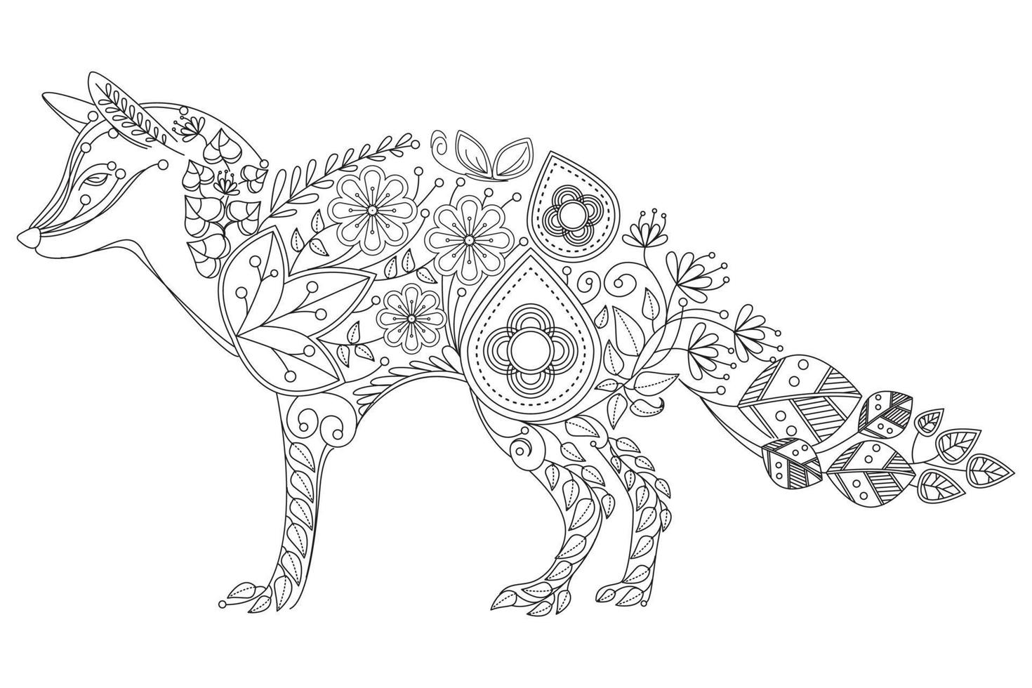 Fox. Hand drawn picture. Sketch for anti-stress adult coloring book in zen-tangle style. Vector illustration for coloring page, isolated on white background.
