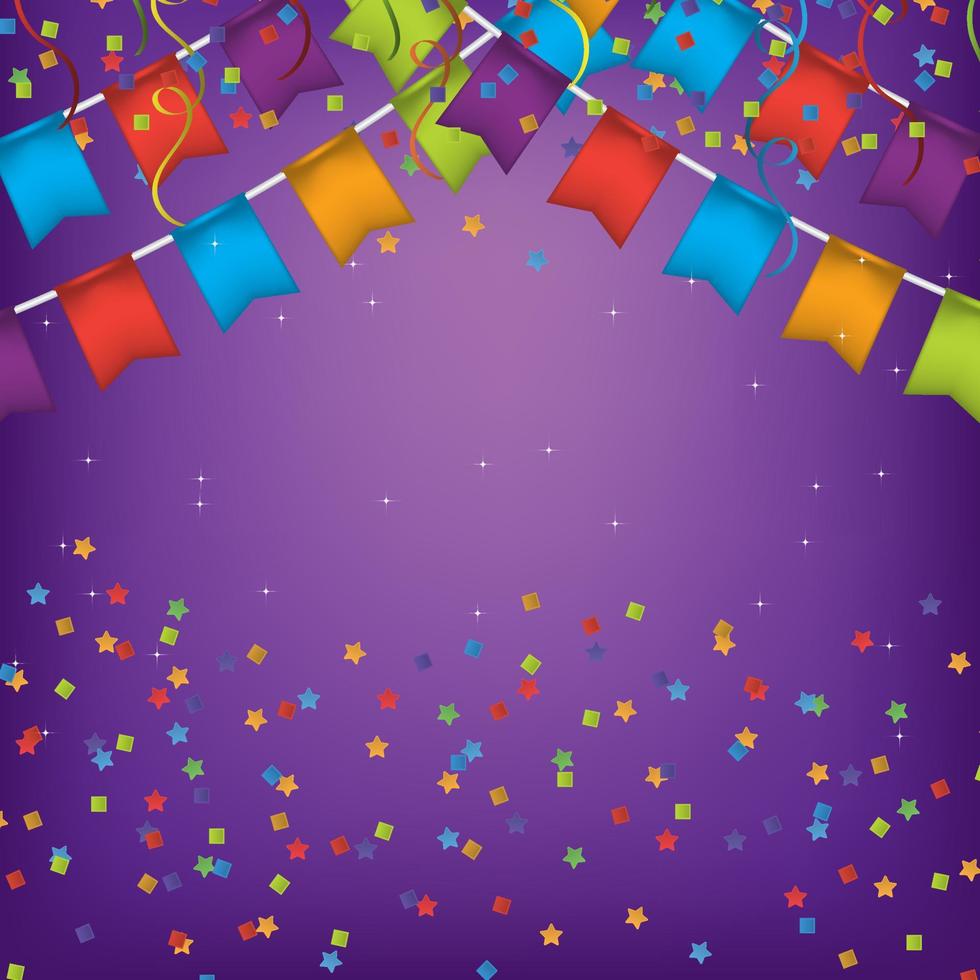 Birthday greeting card. Happy birthday banner. Colorful confetti and purple background. vector