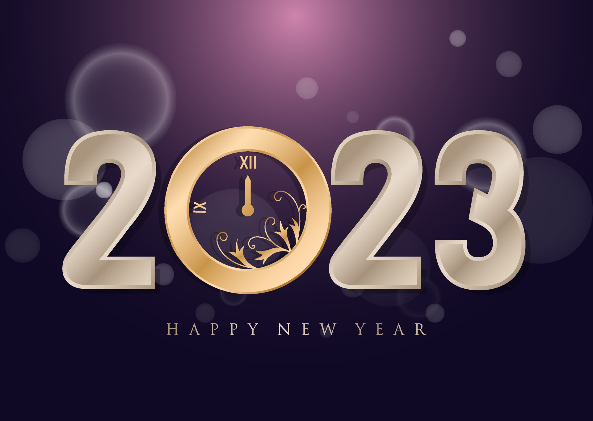 2023 Happy New Year background. Vintage bokeh lights shining clock