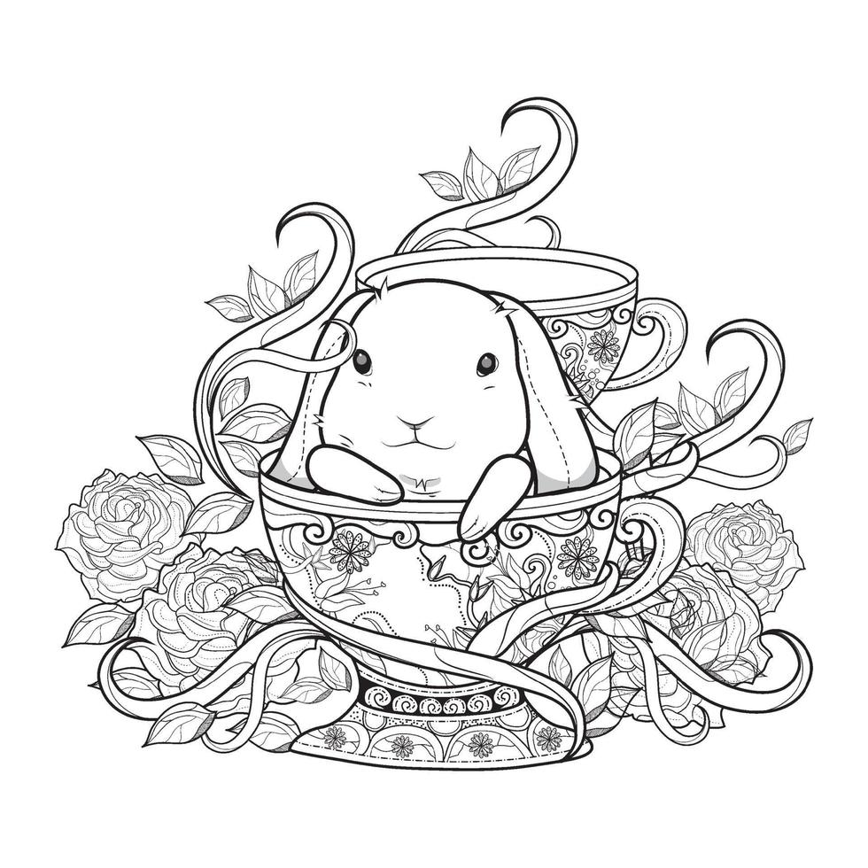 Happy Easter. Cute bunny sitting in basket with eggs. Black and white vector illustration for coloring book