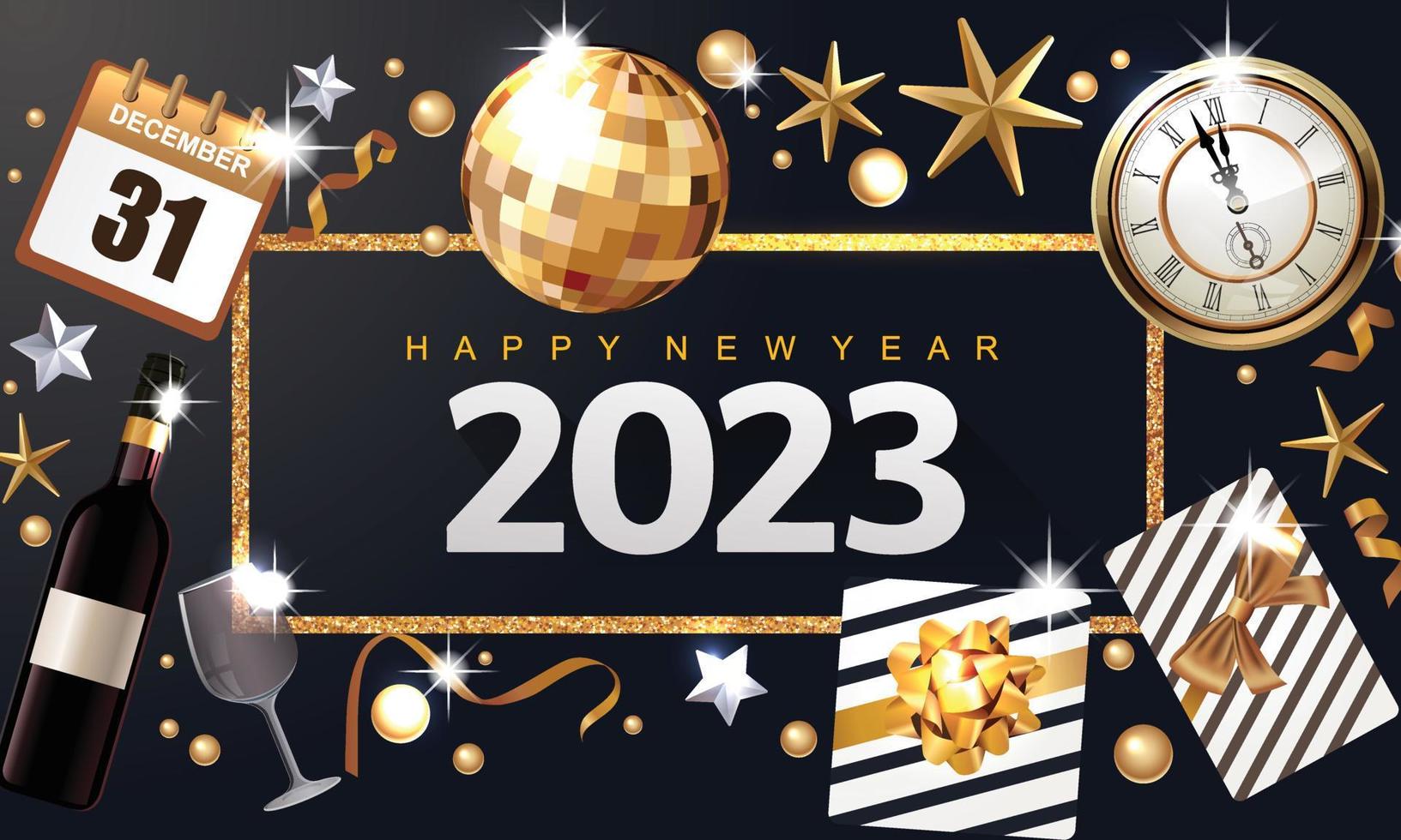 Fondo de víspera de año nuevo feliz 2023, adecuado para invitaciones de fiesta de lujo. diseño con números de lujo, reloj, brillo dorado y confeti. vector