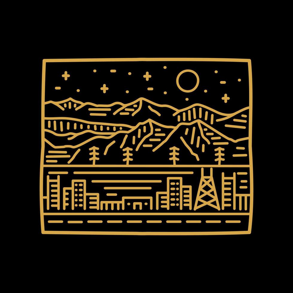 ciudad bajo colina montañas naturaleza estrella cielo en arte de línea mono, para camiseta, pegatina, insignia, etc. vector
