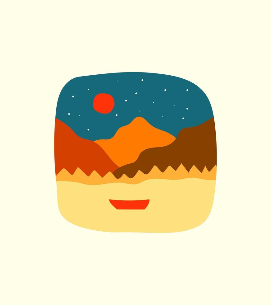 design of mountains and boats on the sea for t-shirts design, badges, emblem, glasses, cups, smart phone, pins and other vector