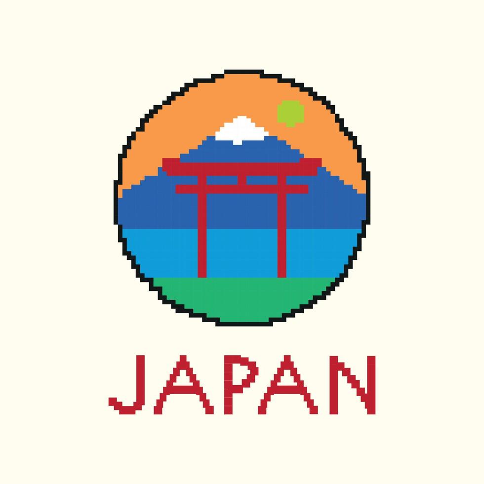Japan's iconic Mt. Fuji and gate iconic with 8 bit drawing style vector