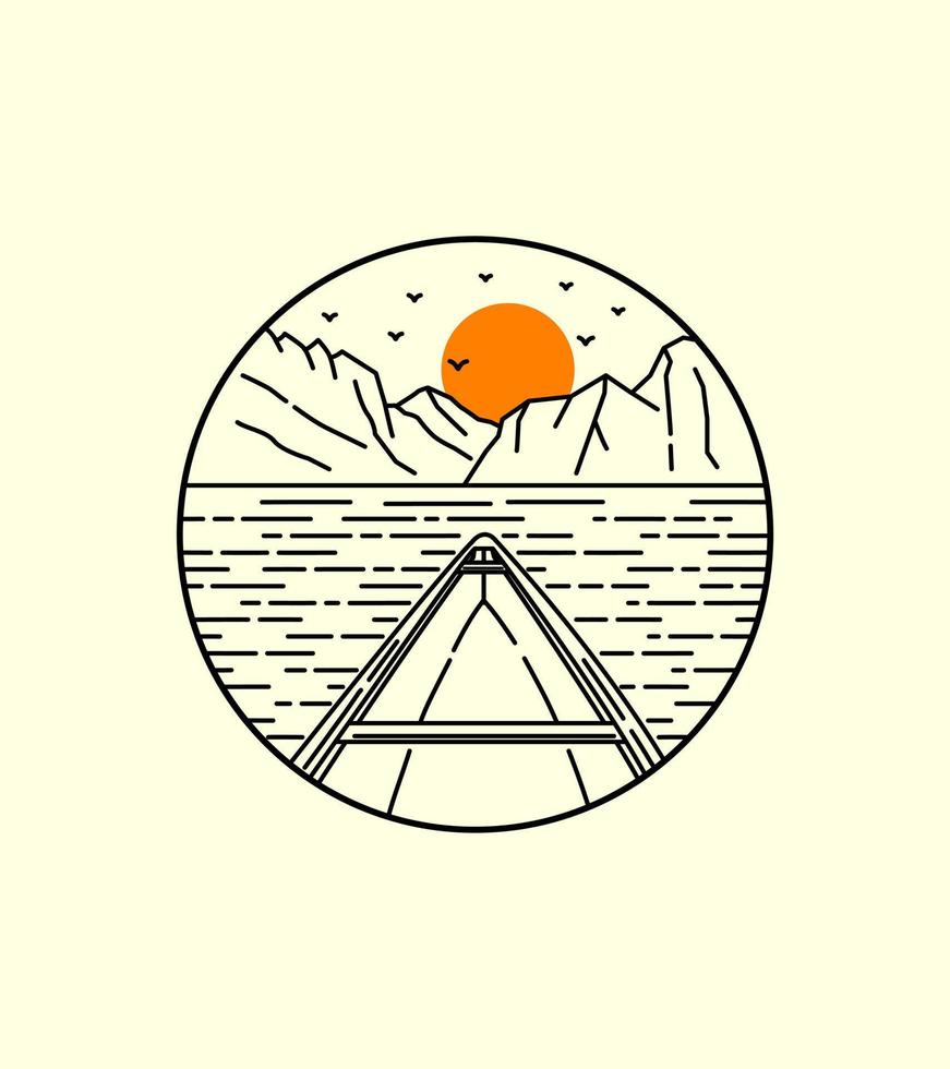 canoa y línea de puesta de sol insignia parche pin ilustración gráfica arte vectorial diseño de camiseta vector