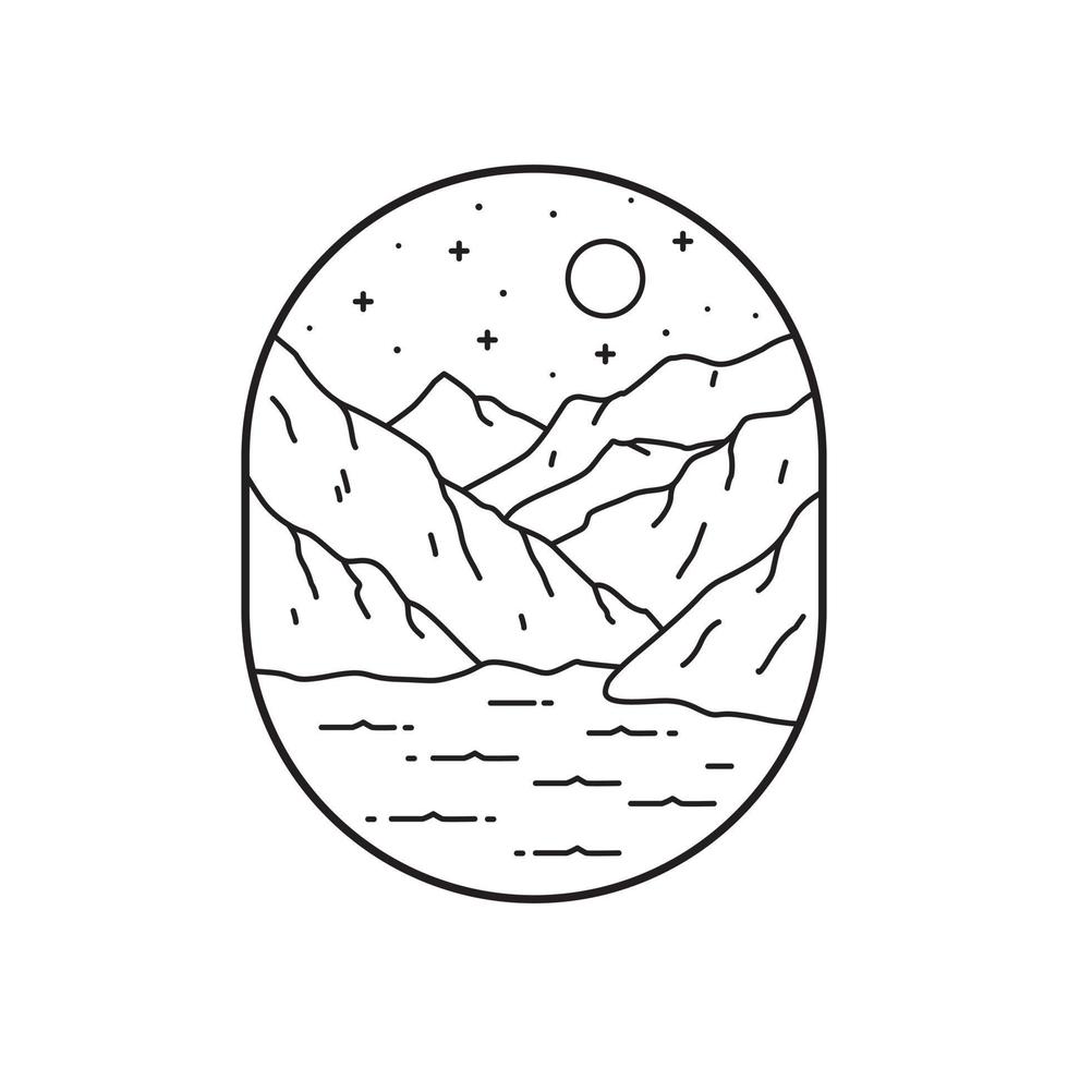 diseño vectorial del paisaje del lago komani albanés en arte de línea mono, ilustración gráfica de pin de parche de insignia, diseño de camisetas de arte vectorial vector