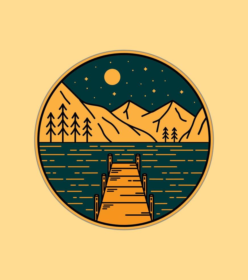 view of a wooden pier on a lake against a mountainous backdrop wild line badge patch pin graphic illustration vector art t-shirt design