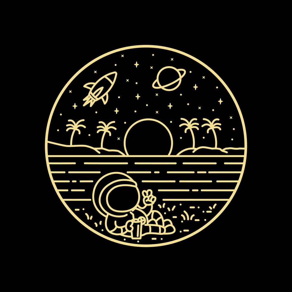 an astronaut relaxing on the shore of space in mono line art vector