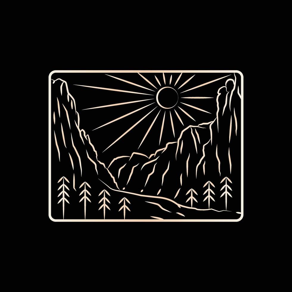 paisaje del parque nacional de zion en arte de línea mono, diseño de placa de parche, diseño de emblema, diseño de camiseta vector