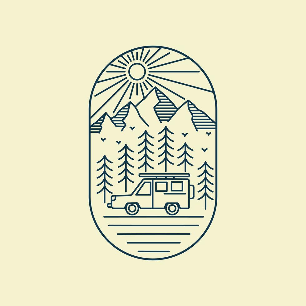 coche de aventura en el bosque en arte de línea mono, ilustración gráfica de pin de parche de insignia, diseño de camiseta de arte vectorial vector