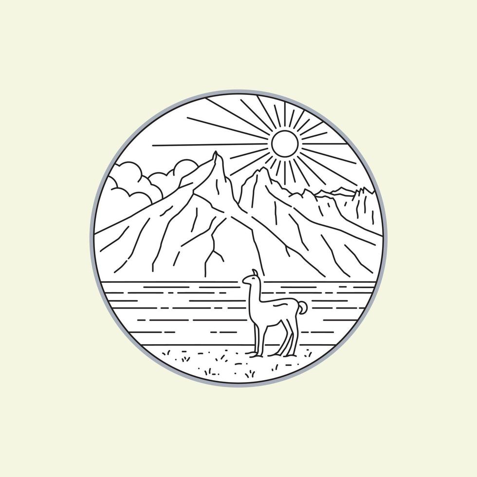 Torres del paine national park patagonia in chile with mono line art, patch badge design, emblem design, T-Shirt Design vector