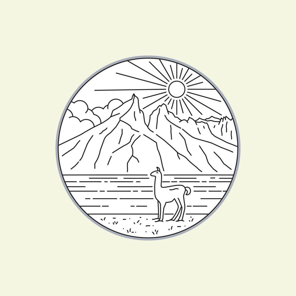 parque nacional torres del paine patagonia en chile con arte de línea mono, diseño de placa de parche, diseño de emblema, diseño de camiseta vector