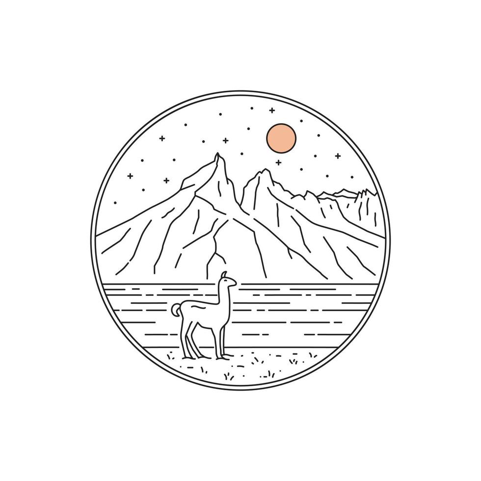 parque nacional torres del paine patagonia en chile con arte de línea mono, diseño de placa de parche, diseño de emblema, diseño de camiseta vector