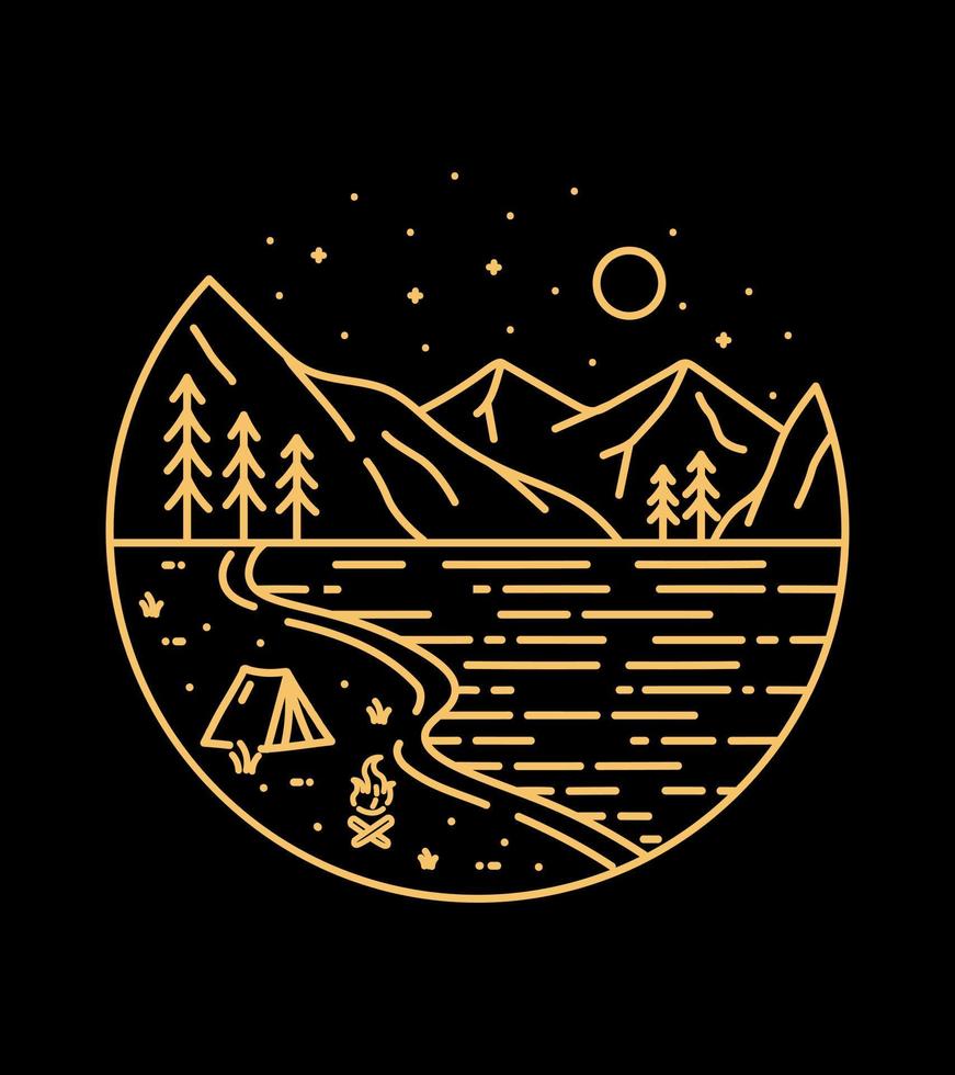 camping junto al lago por la noche línea salvaje insignia parche pin ilustración gráfica arte vectorial diseño de camiseta vector