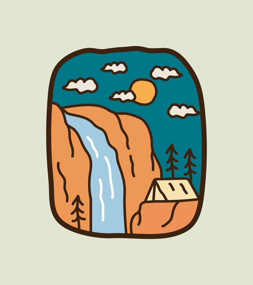 acampar en la cascada del niágara, aventura línea salvaje insignia parche pin emblema ilustración gráfica arte vectorial diseño de camisetas vector