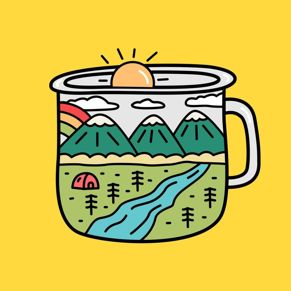 flat design of nature mountain camping and side up sun in cup frame vector