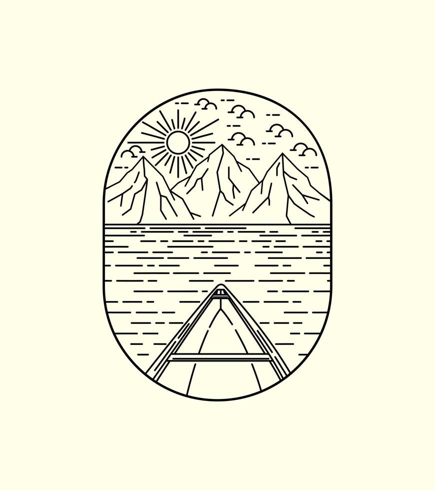 canoa y tres montañas en línea insignia parche pin ilustración gráfica arte vectorial diseño de camiseta vector