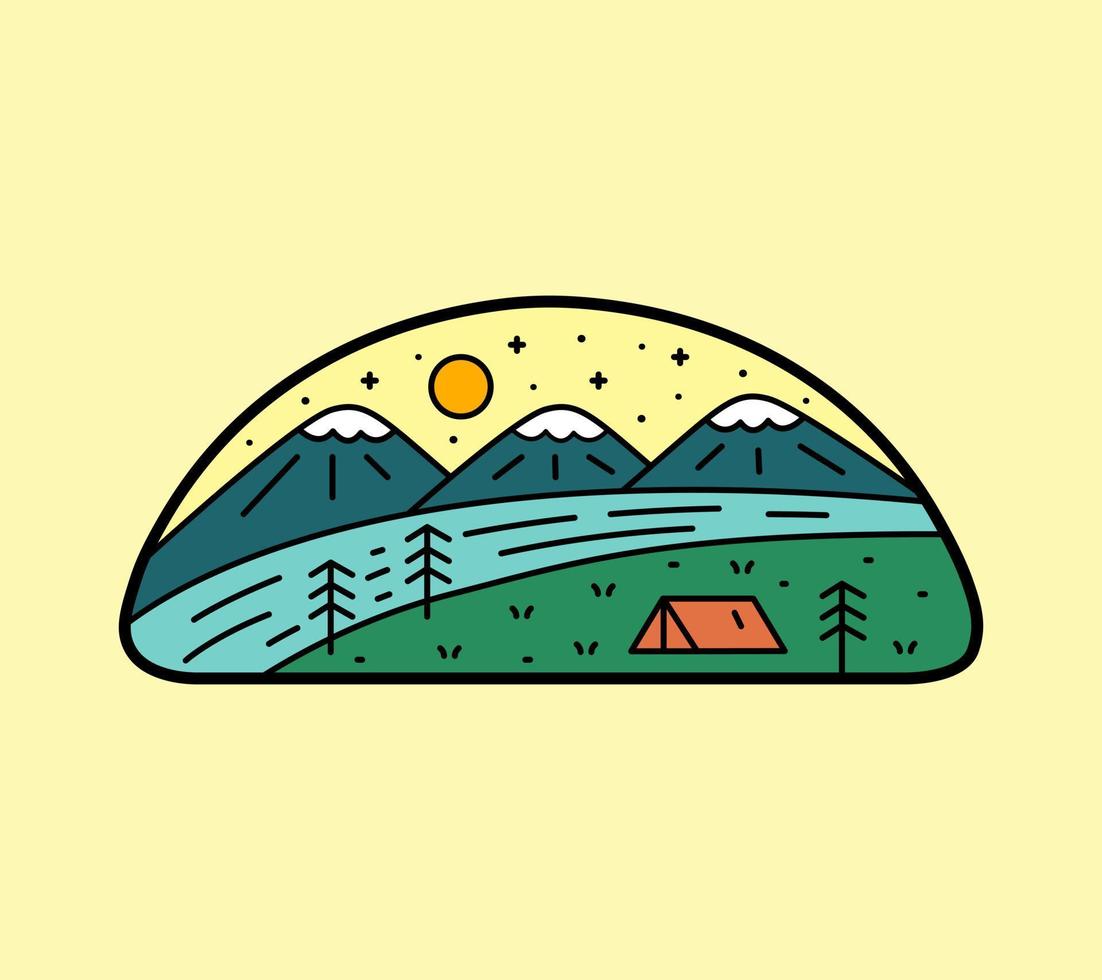 camping on nature mountain river, design for t-shirt, sticker, badge, kids stuff, etc vector