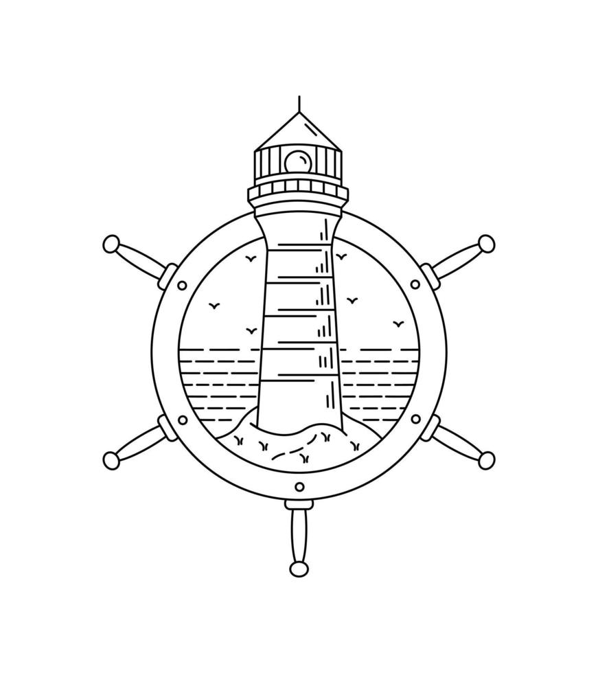 lighthouse and beach  in the beach ship steering wheel frame in mono line art in mono line art, vector art t-shirt design