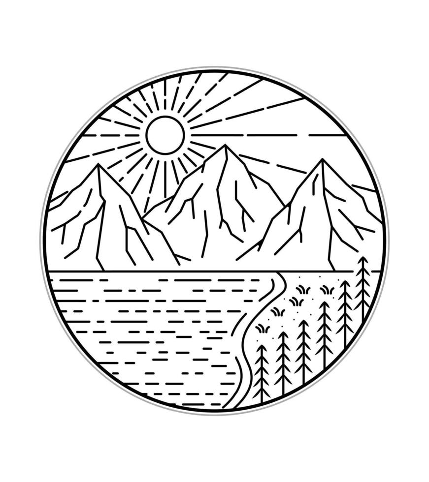 Illustration of three mountains and lake on the day in mono line art ...