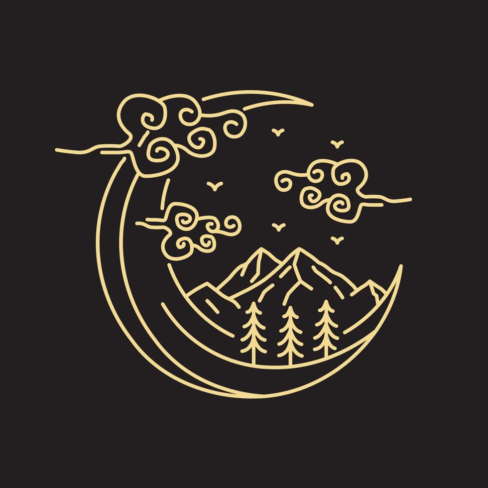 mountain and crescent vector illustration in mono line art