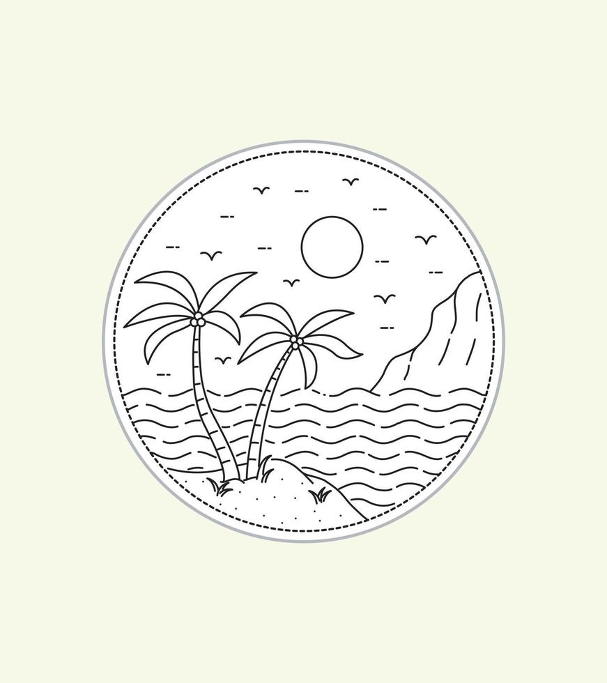 palm on the beach with cliffs in mono line art, patch badge design, emblem design, T-Shirt Design vector
