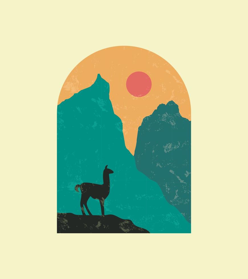 Ilama in Torres del paine national park patagonia in chile with silhouette illustration style vector