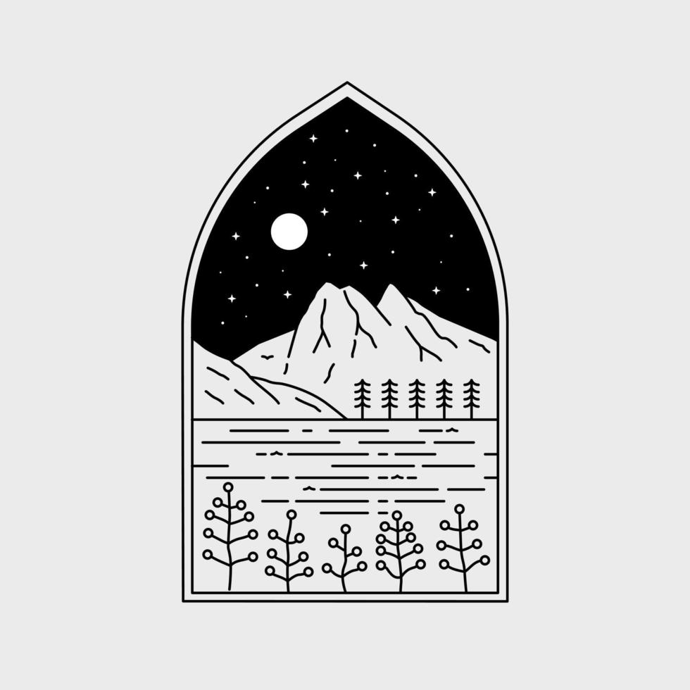 lago esmeralda. parque nacional yoho en la ilustración nocturna en mono line art. vector de la naturaleza