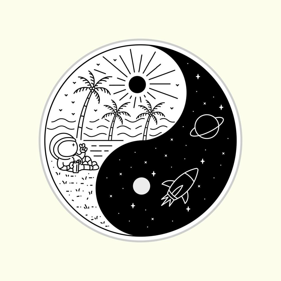 an astronaut relaxing on a space beach in yin yang style vector