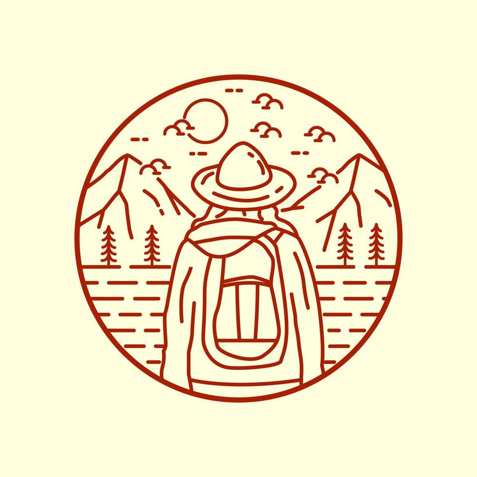 a climber preparing to camp by the lake on bright day in mono line art, patch badge vector, T-shirt Design vector