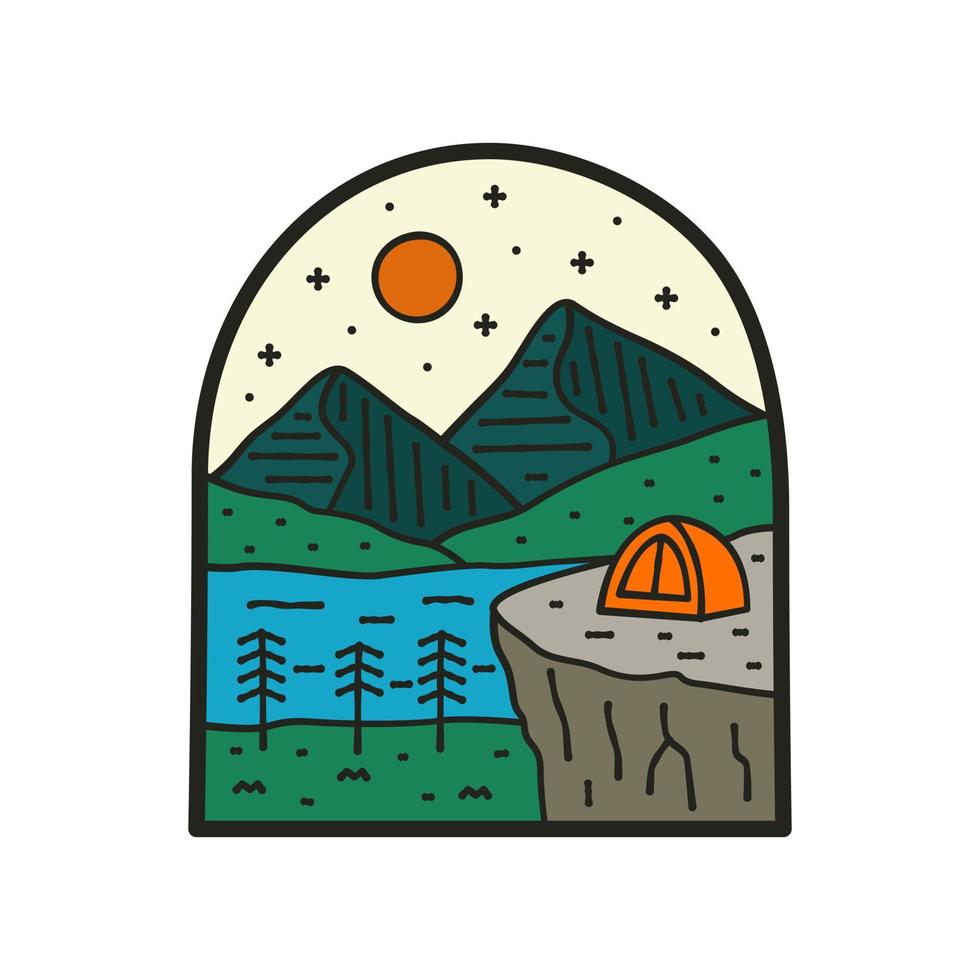 camping on cliff and mountain nature wildlife view for badge, sticker, patch, t shirt design, etc vector