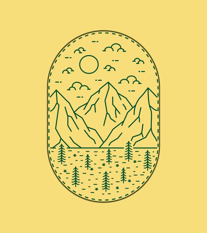 illustration of three mountains and savanna on the day in mono line art ,badge patch pin graphic illustration, vector art t-shirt design