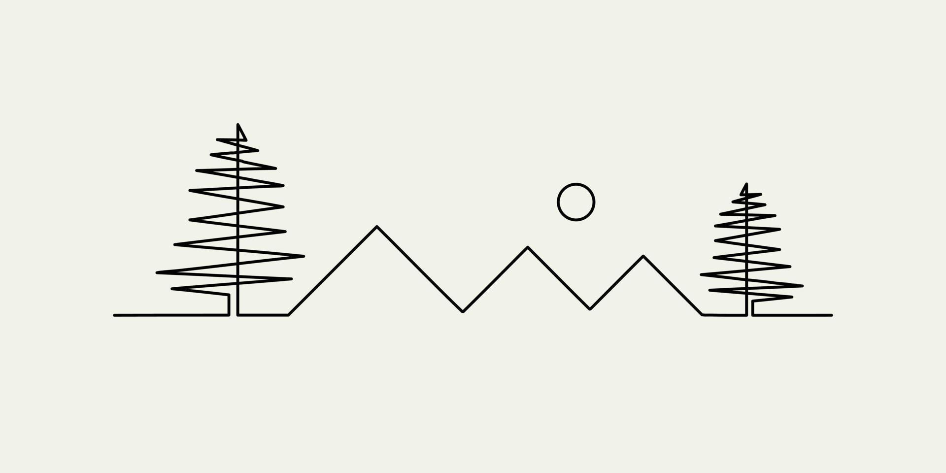 ilustración simple de montañas y árboles en una línea continua vector