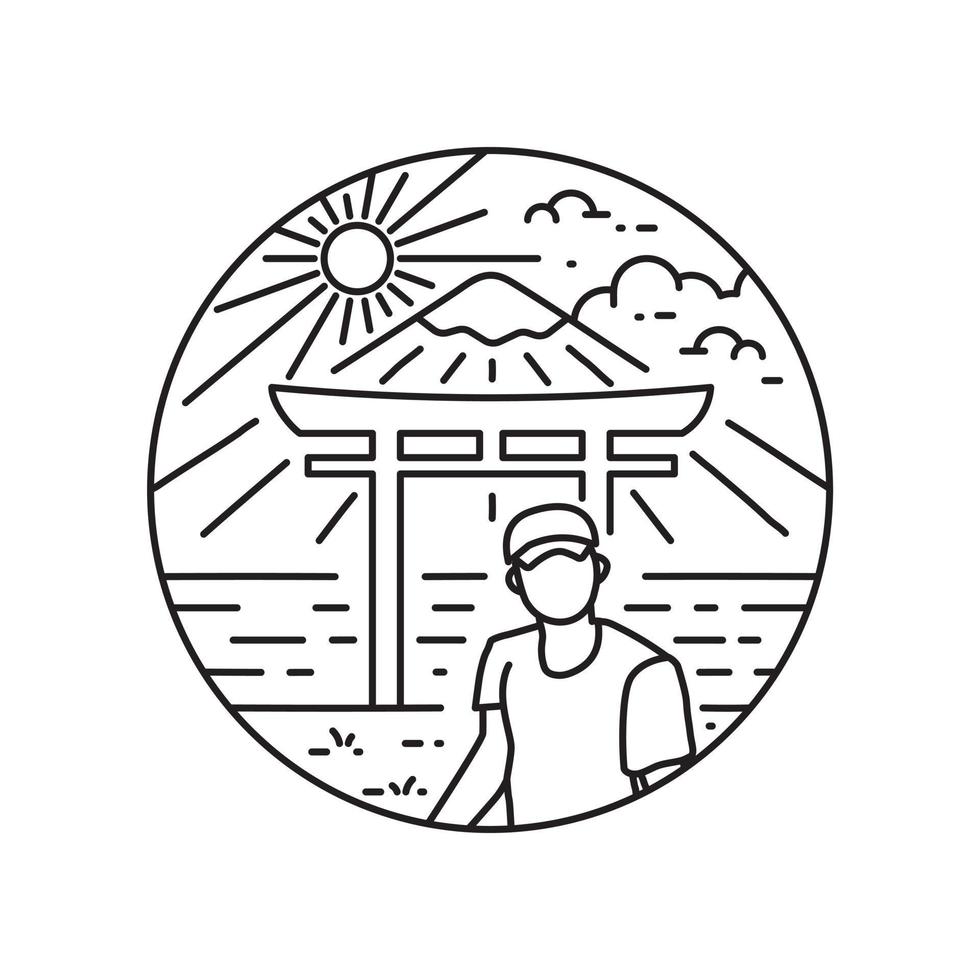 a visitor in front of a typical Japanese Gate and mount Fuji vector